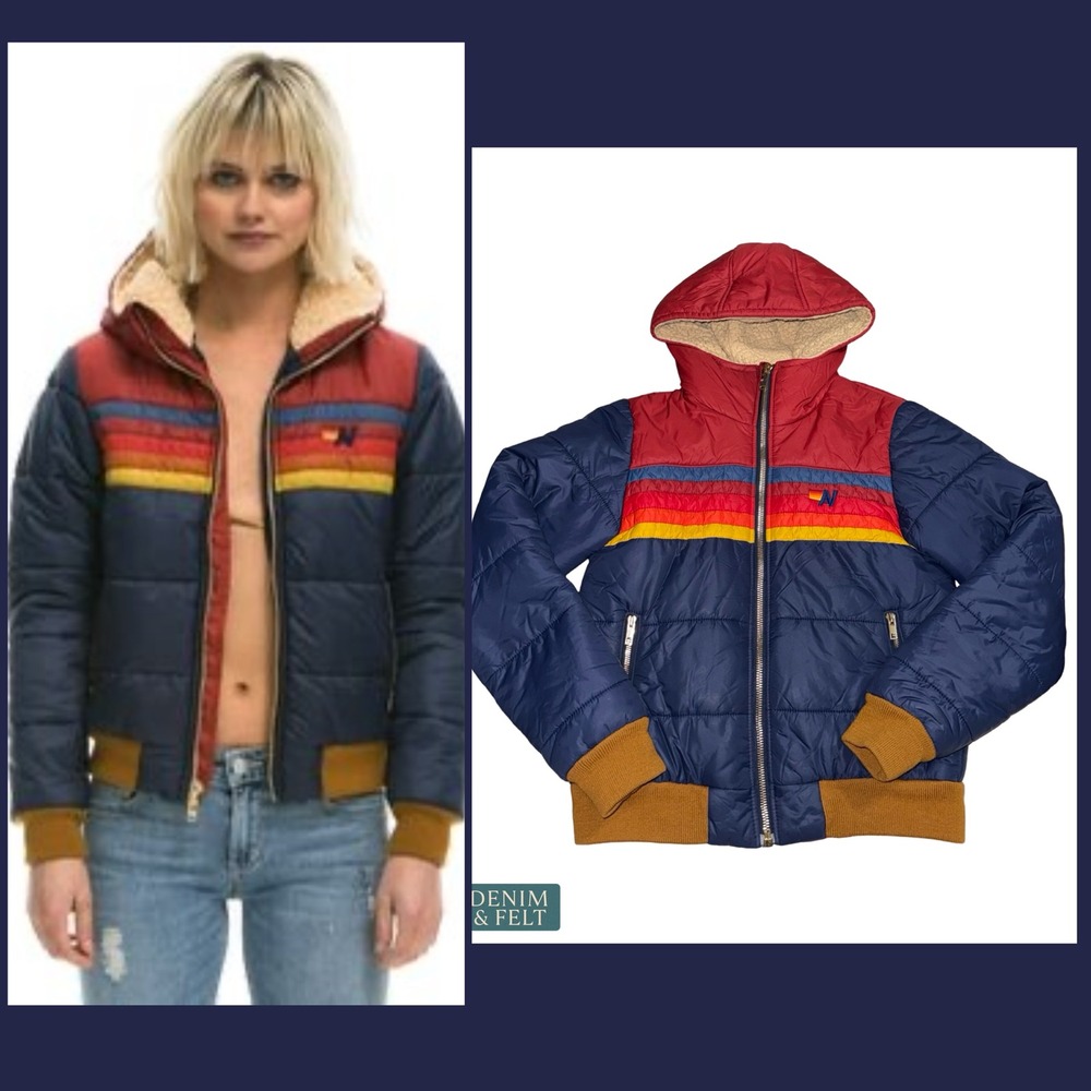 AVIATOR NATION Sherpa‎ Lined Rainbow Stripe Puffer Jacket Hooded Coastal Retro